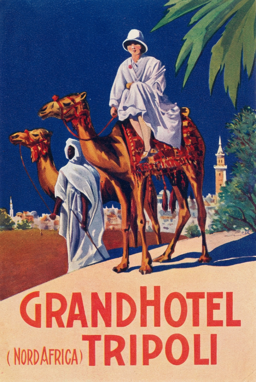 Vintage Grand Hotel Tripoli luggage label showing a traveller on a camel, a walking guide and a palm tree
