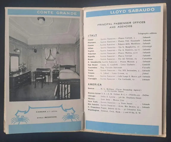 Conte Grande bedroom photograph and passenger agency list