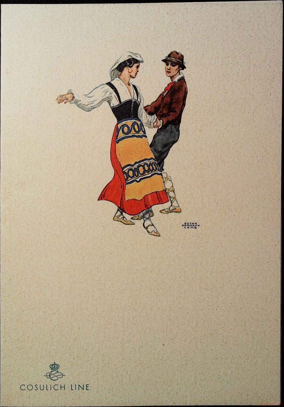 Cosulich Line Oceania menu card cover featuring a dancing couple in traditional costume