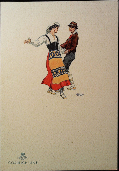 Cosulich Line Oceania menu card cover featuring a dancing couple in traditional costume