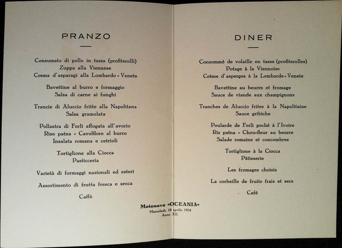 Italian and French menu aboard Oceania dated 18 April 1934