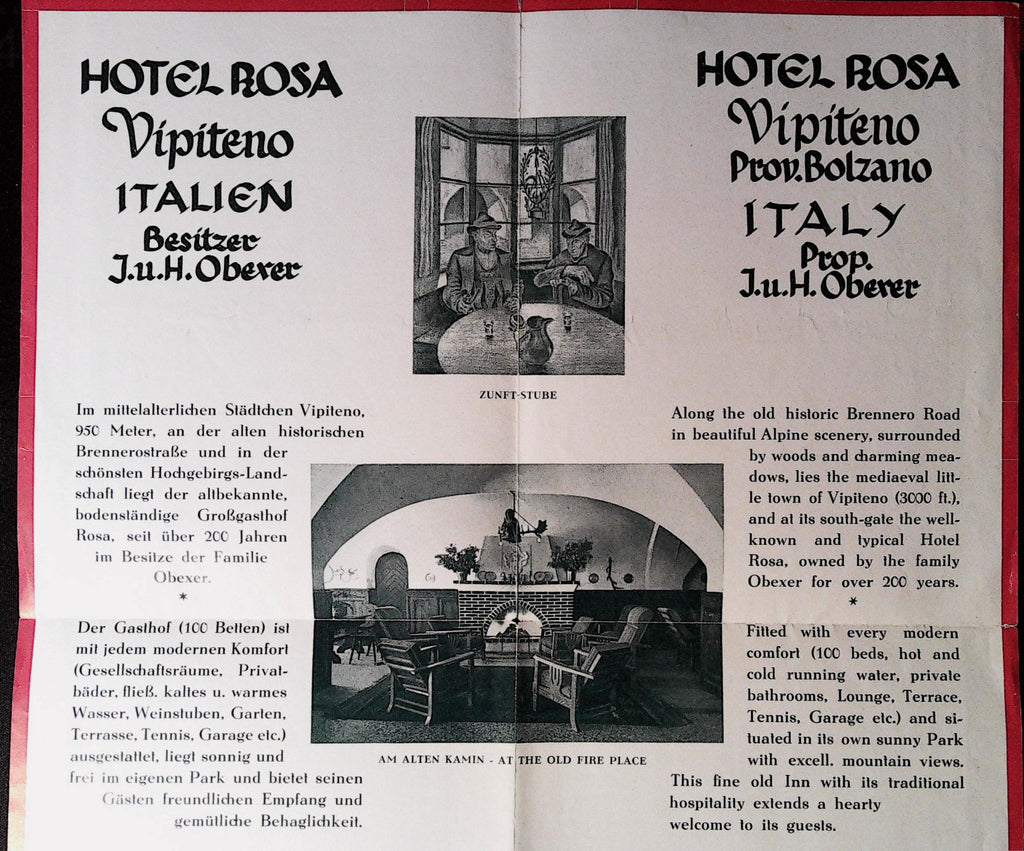 Hotel Rosa brochure interior with German and English text and fireplace photographs