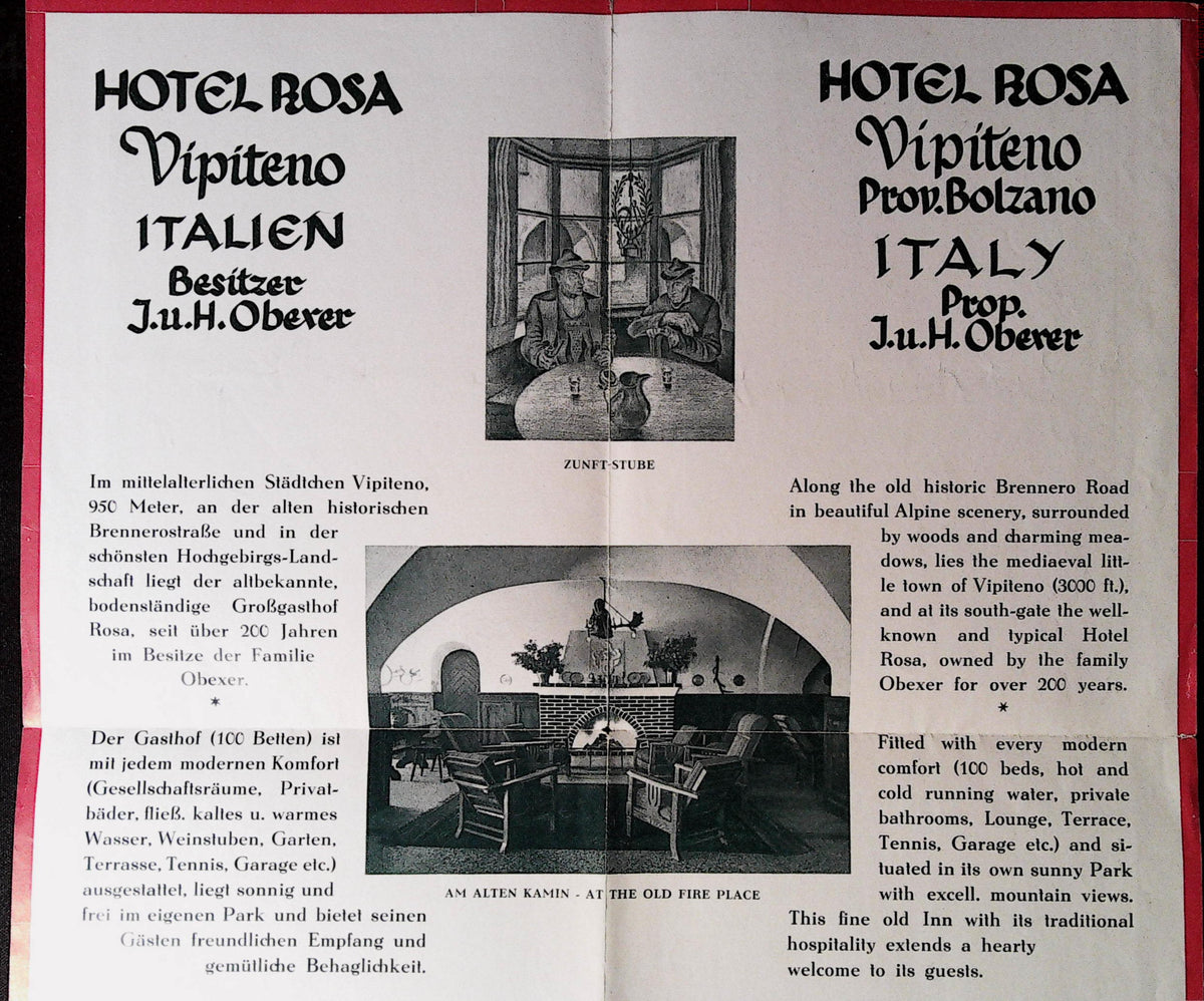 Hotel Rosa brochure interior with German and English text and fireplace photographs