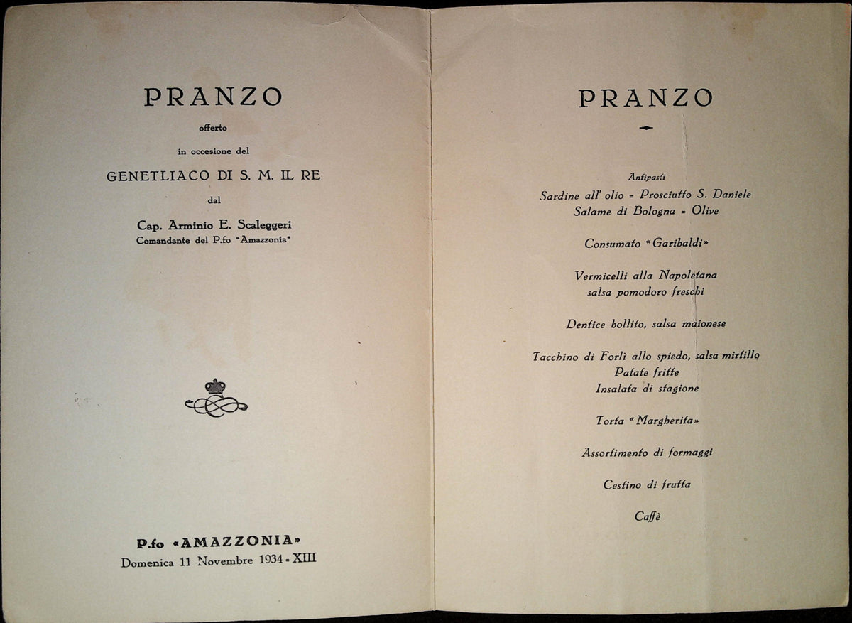 Italian luncheon menu aboard Amazzonia dated 11 November 1934