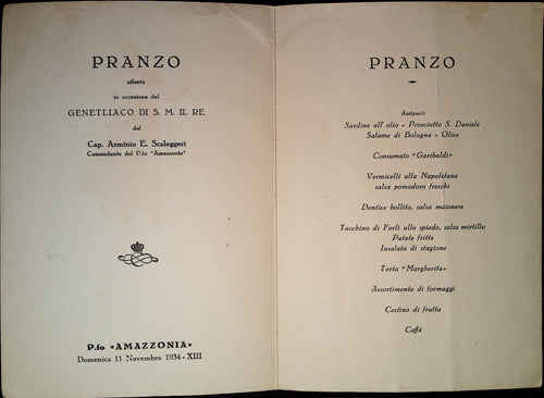 Italian luncheon menu aboard Amazzonia dated 11 November 1934