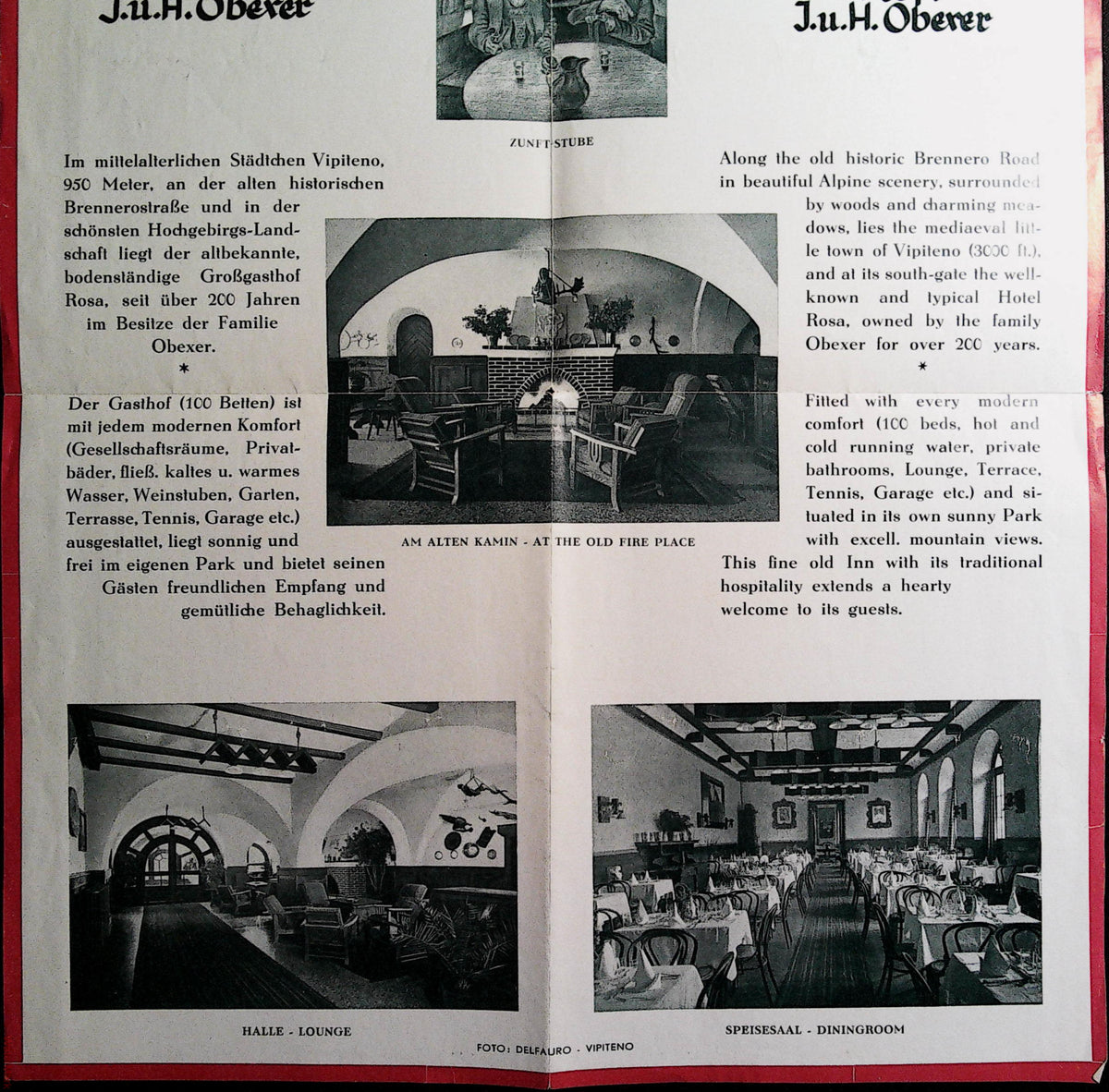 Hotel Rosa Vipiteno brochure showing lounge and dining room photographs