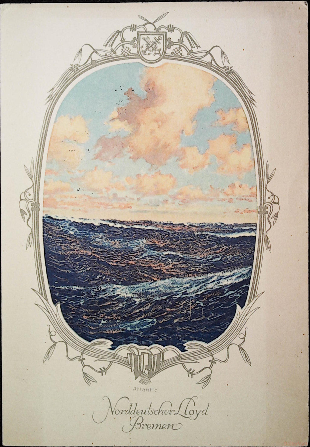 Norddeutscher Lloyd Bremen menu cover with Atlantic ocean illustration in an ornate frame