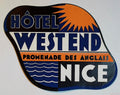 West End Hotel Nice Art Deco luggage label with an orange sun, blue waves and Promenade des Anglais lettering