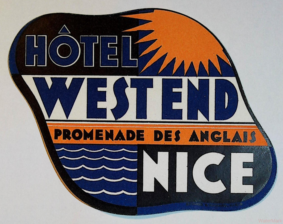 West End Hotel Nice Art Deco luggage label with an orange sun, blue waves and Promenade des Anglais lettering