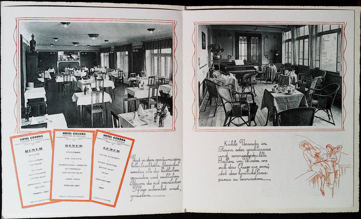 Hotel Corona brochure dining room and veranda photographs with decorative figures and menus