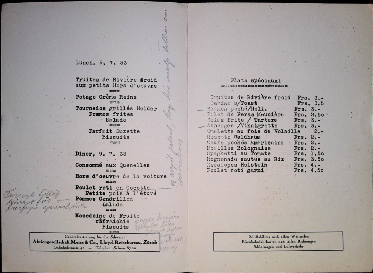 Lunch and dinner menus dated 9 July 1933 with Hungarian handwritten notes and Zürich travel agency advertisements