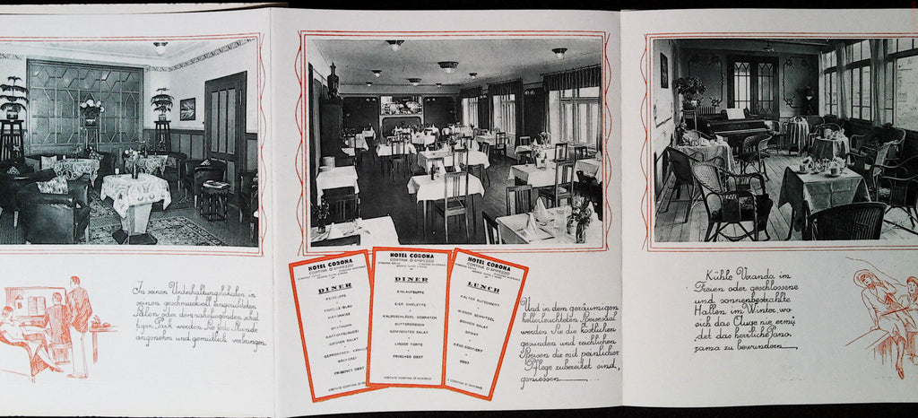 Hotel Corona unfolded interior showing lounges, dining room and German promotional text