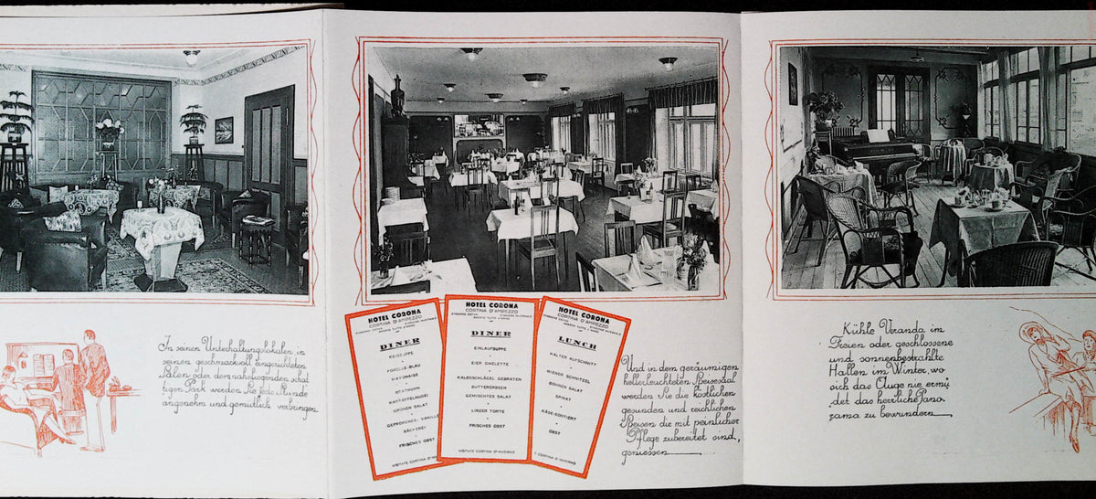 Hotel Corona unfolded interior showing lounges, dining room and German promotional text