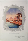 Norddeutscher Lloyd menu cover showing the pyramids of Giza in an ornate shell and starfish frame