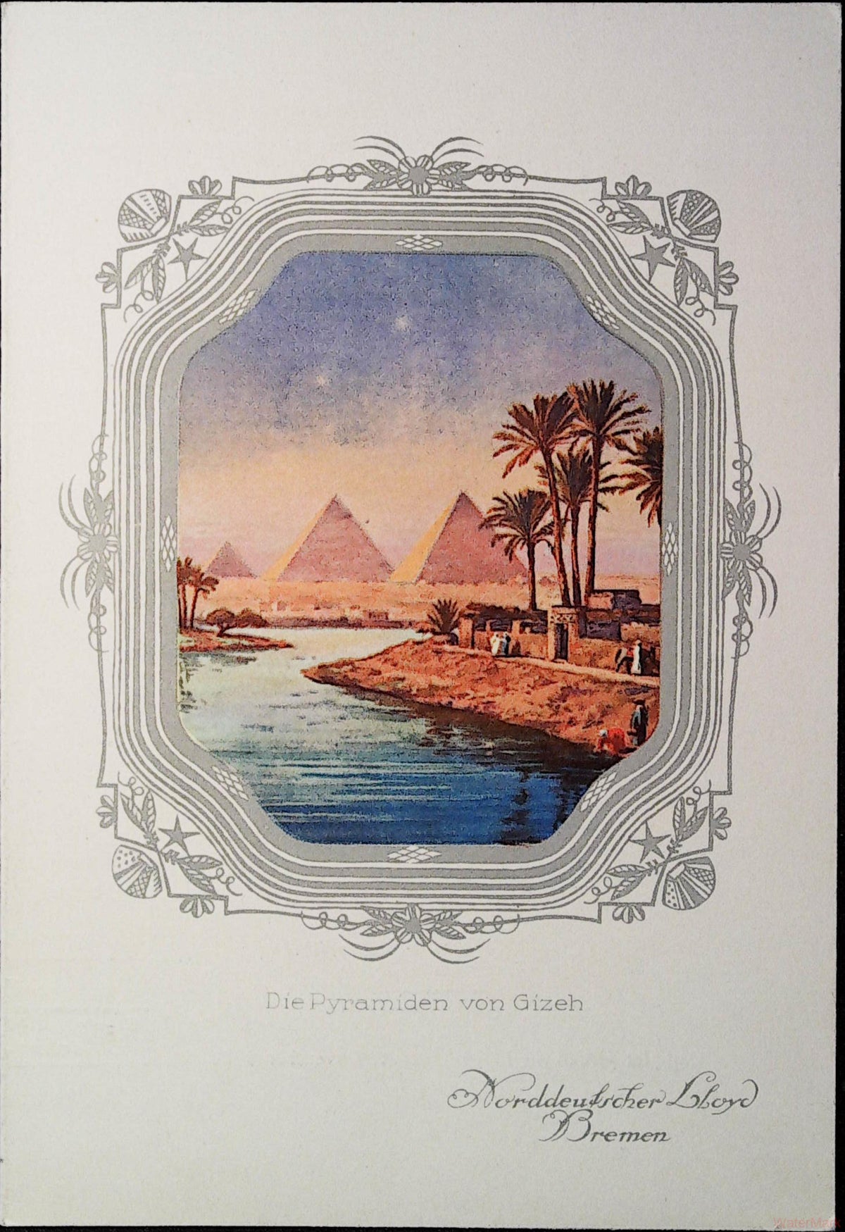 Norddeutscher Lloyd menu cover showing the pyramids of Giza in an ornate shell and starfish frame