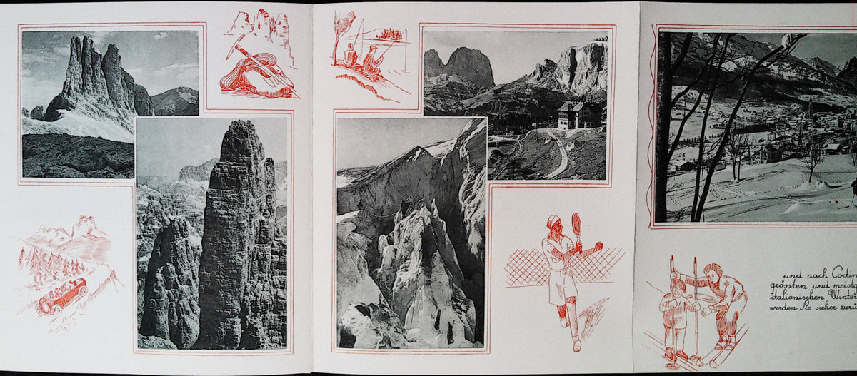 Hotel Corona fold-out with Dolomites photographs and red winter sports illustrations