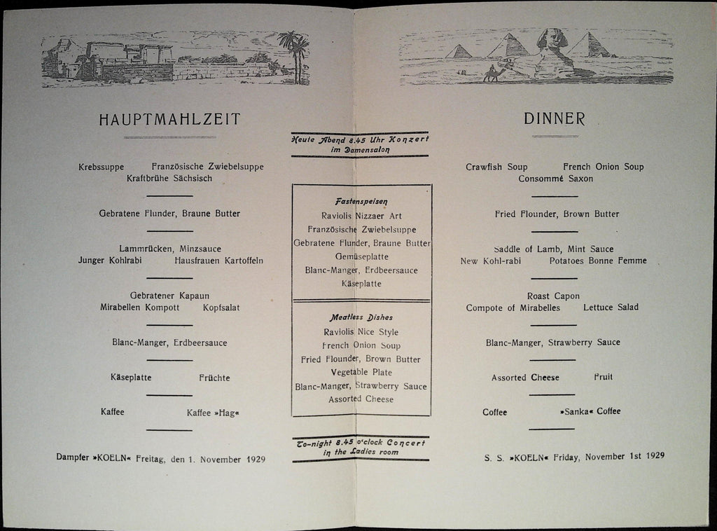 Koeln dinner menu dated 1 November 1929 in German and English with meatless dishes and evening concert notice