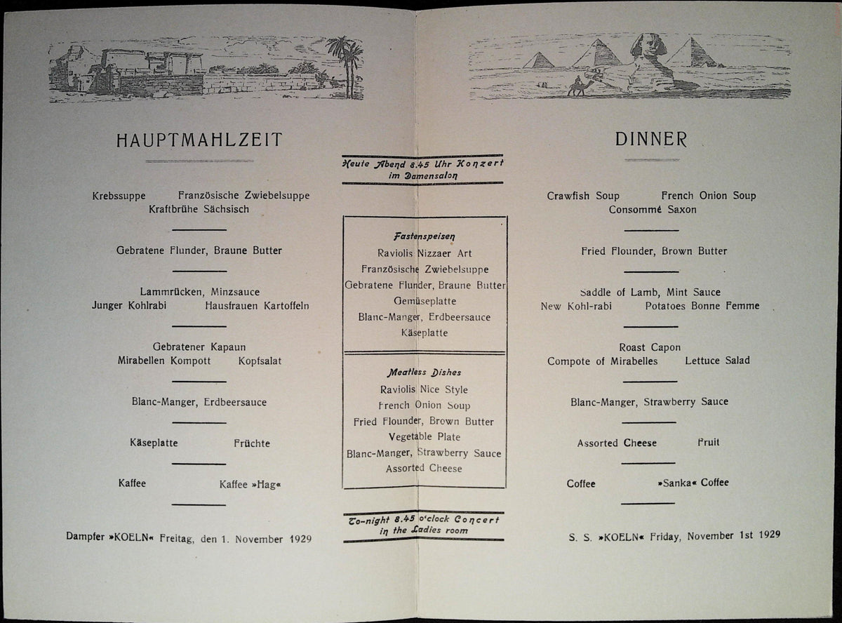 Koeln dinner menu dated 1 November 1929 in German and English with meatless dishes and evening concert notice