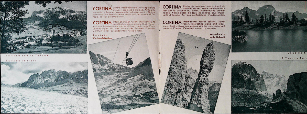 Dolomites scenery and cable car photographs with multilingual Cortina travel text