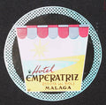 Circular Hotel Emperatriz Málaga Costa del Sol luggage label with striped awning, sun and coastline design