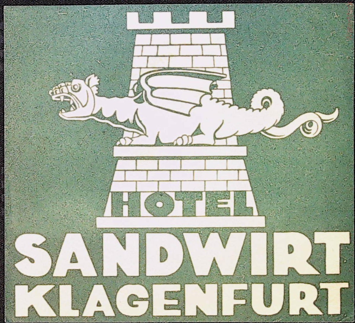 Hotel Sandwirt Klagenfurt luggage label with cream dragon and tower on a green background