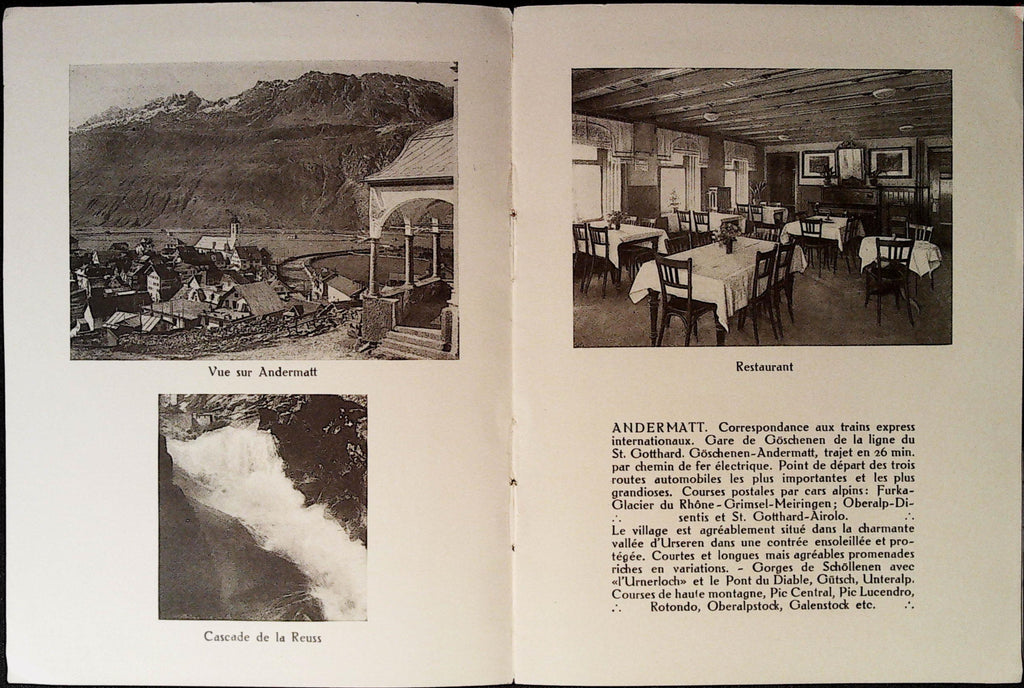 Andermatt postal motor coach, hotel salon and dining room with French promotional text