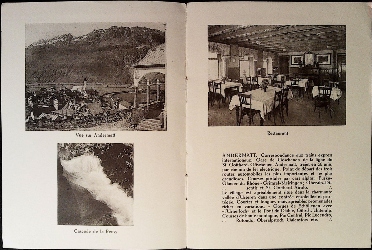 Andermatt postal motor coach, hotel salon and dining room with French promotional text