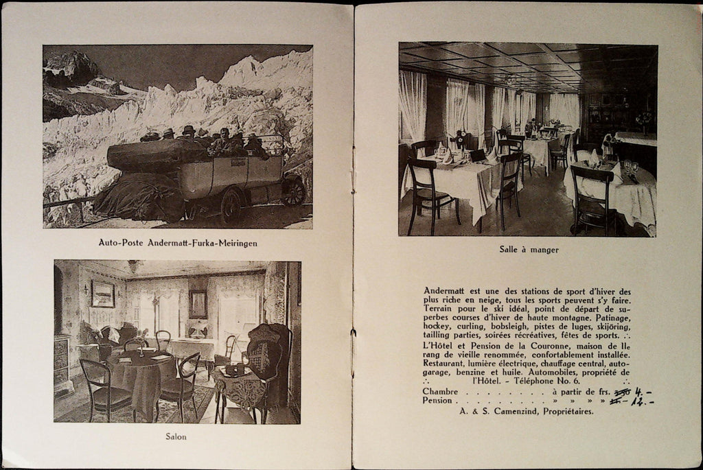 Winter panorama of Andermatt across a booklet opening