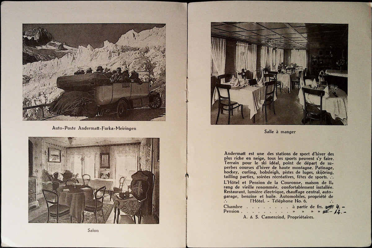 Winter panorama of Andermatt across a booklet opening