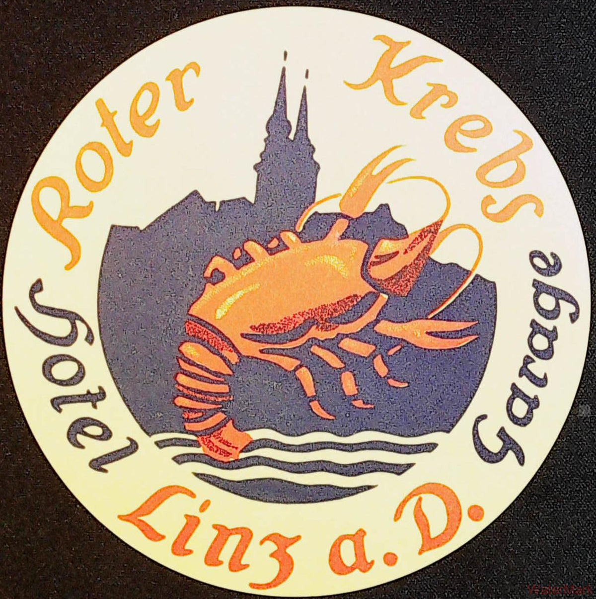 Roter Krebs Hotel Linz Austria circular luggage label with orange crayfish and dark city skyline