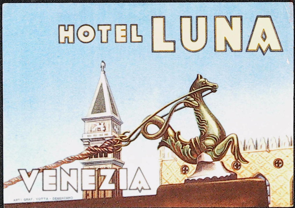 Hotel Luna Venice Italy luggage label with decorative seahorse and bell tower on pale blue background