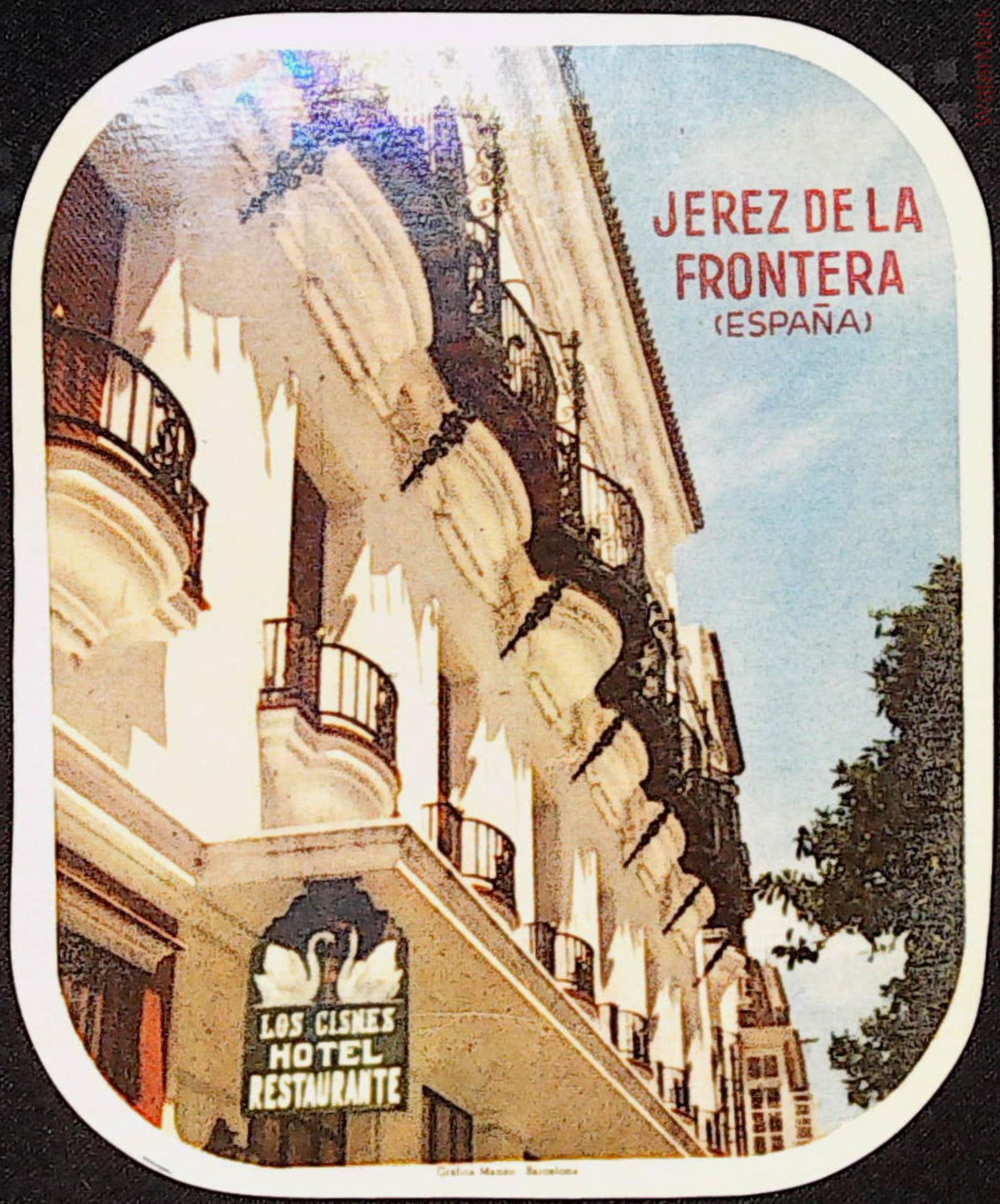 Los Cisnes Hotel Jerez de la Frontera Spain luggage label showing hotel facade and balconies