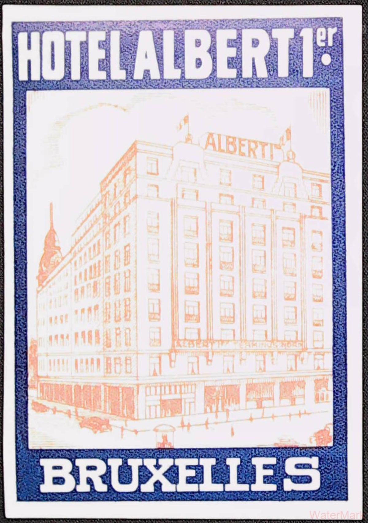 Hotel Albert 1er Brussels Belgium luggage label with hotel building illustration and blue border