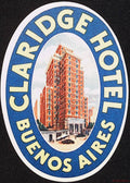 Oval Claridge Hotel Buenos Aires luggage label with red-brick hotel illustration and blue border