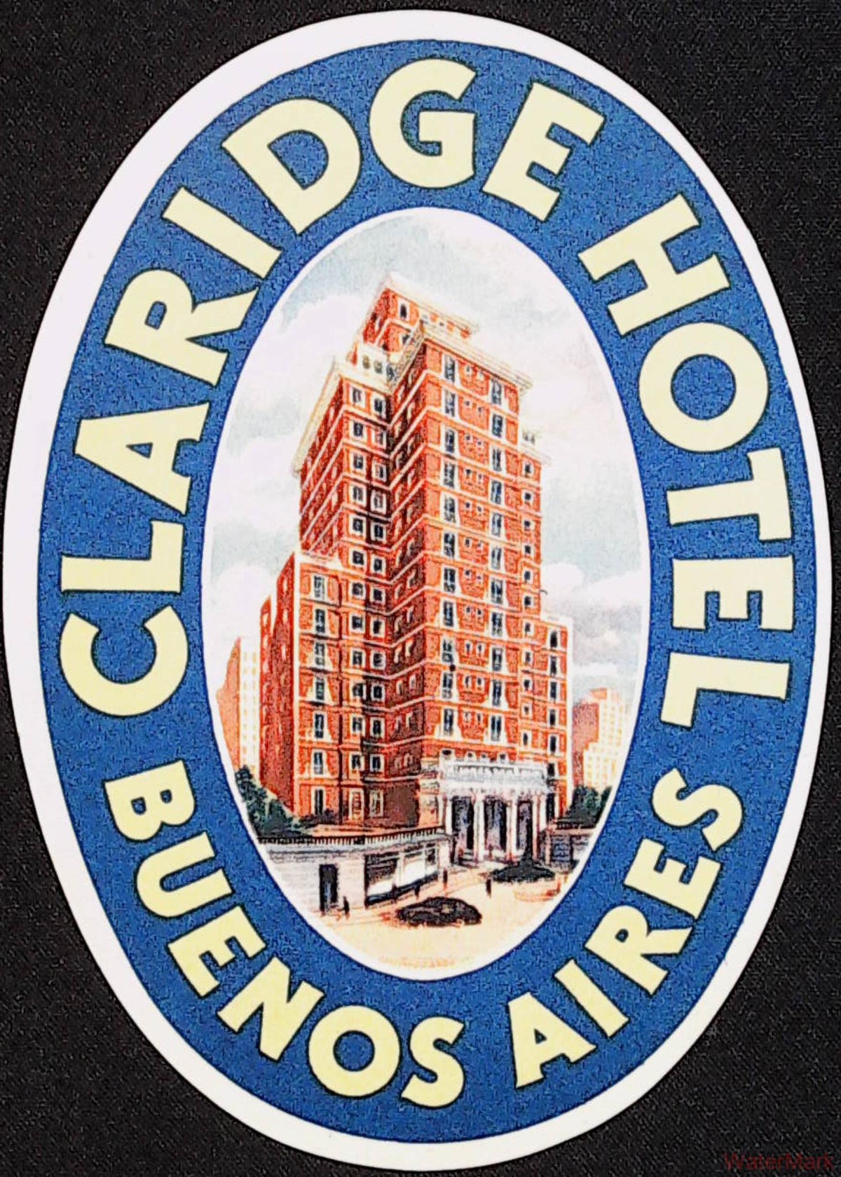 Oval Claridge Hotel Buenos Aires luggage label with red-brick hotel illustration and blue border