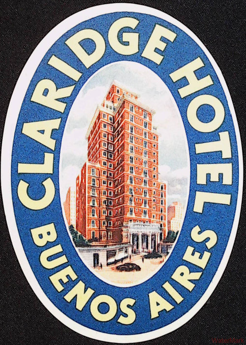 Oval Claridge Hotel Buenos Aires luggage label with red-brick hotel illustration and blue border
