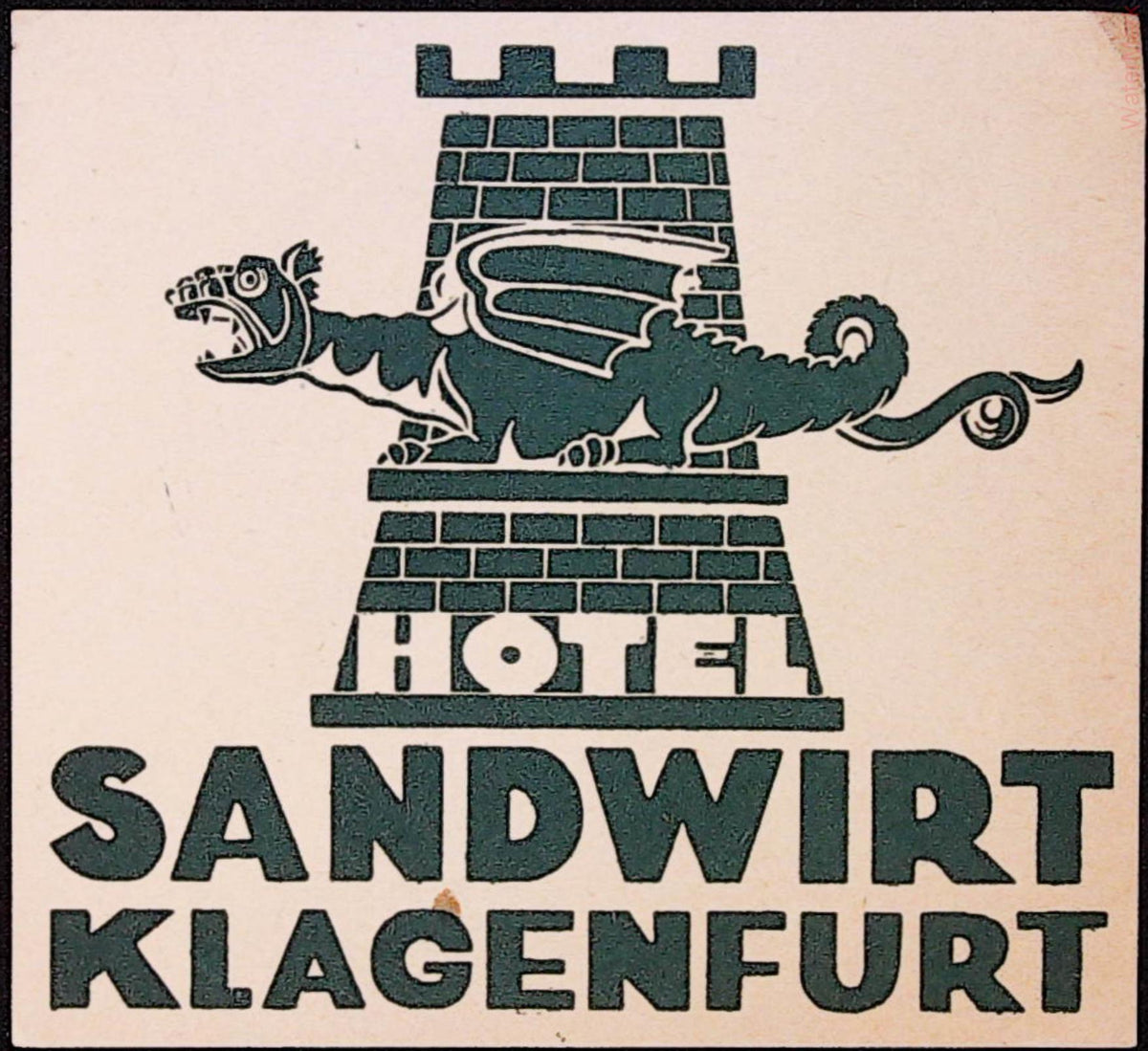 Hotel Sandwirt Klagenfurt luggage label with dark green winged dragon and brick tower