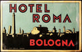 Roma Hotel Bologna luggage label with red and black lettering, city skyline and complete paper border