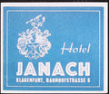 Blue and white Hotel Janach luggage label with heraldic crest and Bahnhofstrasse 5 address in Klagenfurt, Austria