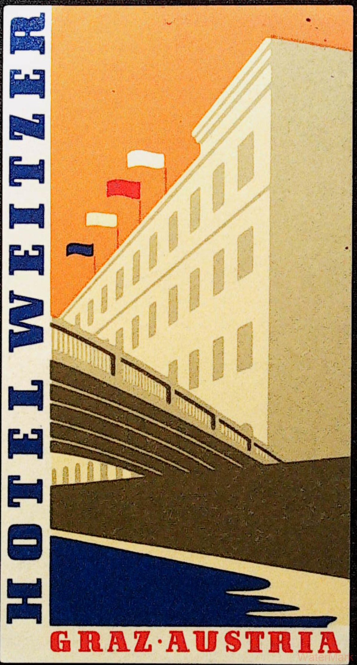 Hotel Weitzer Graz Austria luggage label with an orange sky, cream hotel façade and bold blue lettering
