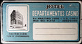 Turquoise Hotel Departamentos Casino luggage label from Mar del Plata with a hotel illustration and blank name panel