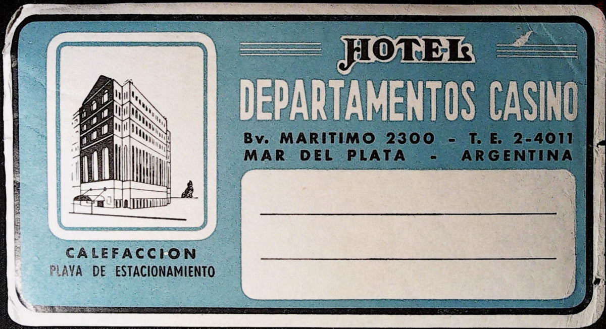 Turquoise Hotel Departamentos Casino luggage label from Mar del Plata with a hotel illustration and blank name panel
