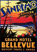 Grand Hotel Bellevue Sanremo luggage label with bold blue lettering, a colourful Riviera bay, palms and agaves
