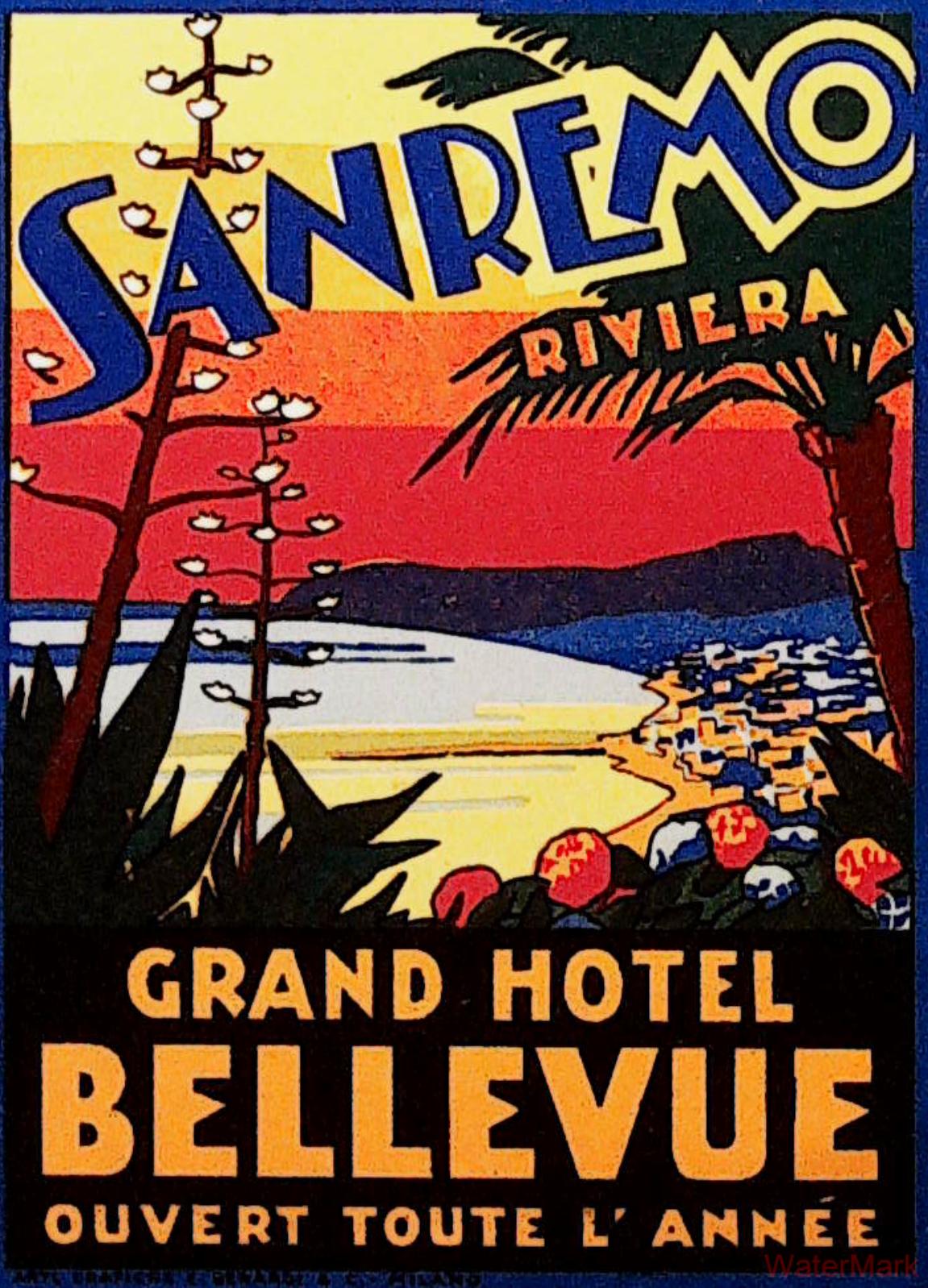 Grand Hotel Bellevue Sanremo luggage label with bold blue lettering, a colourful Riviera bay, palms and agaves