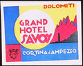 Grand Hotel Savoy Cortina d’Ampezzo Art Deco luggage label with colourful Dolomite peaks and complete white border