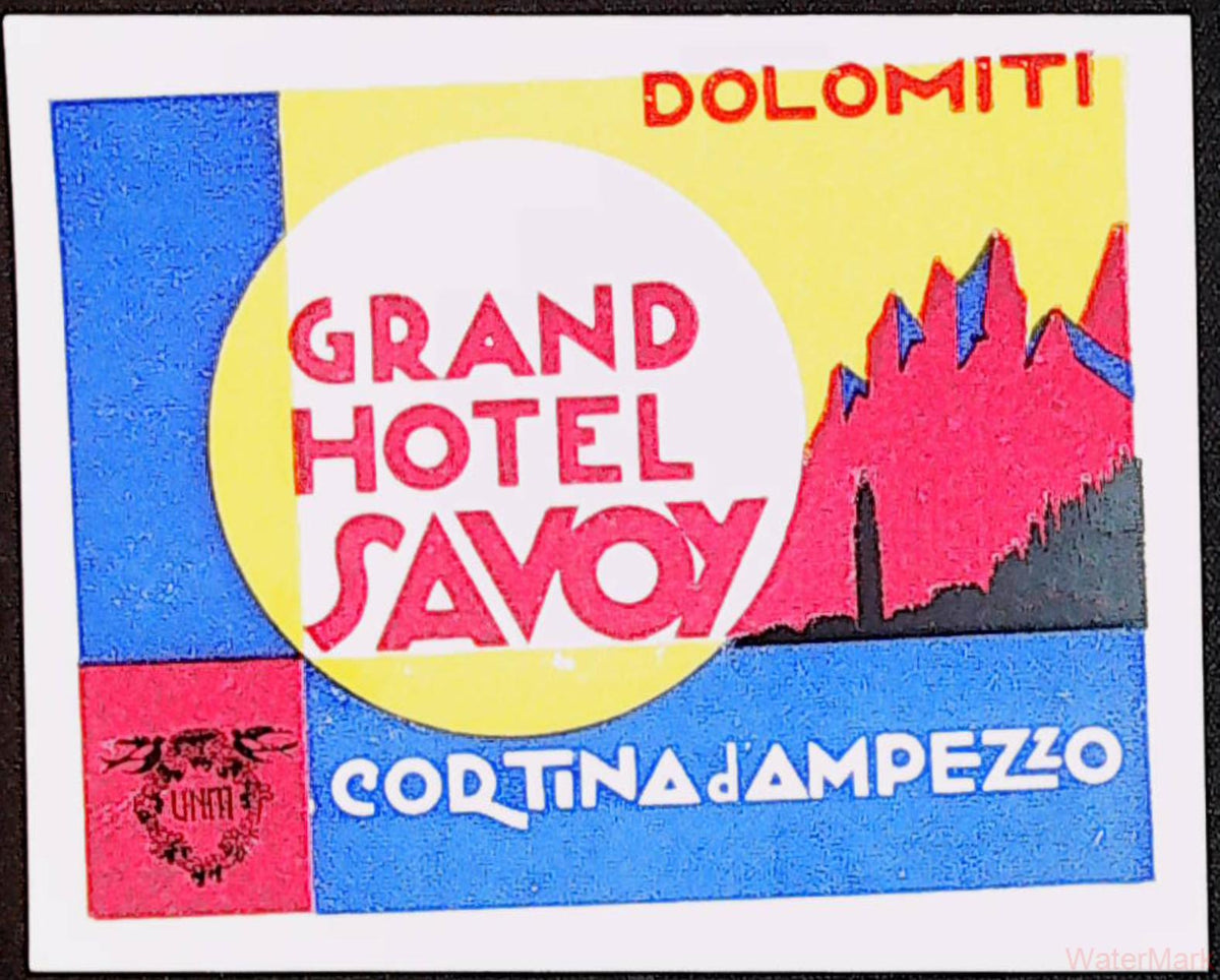 Grand Hotel Savoy Cortina d’Ampezzo Art Deco luggage label with colourful Dolomite peaks and complete white border