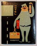 1960s Hotel Park Budapest Hungary luggage label featuring a cartoon porter carrying colourful suitcases
