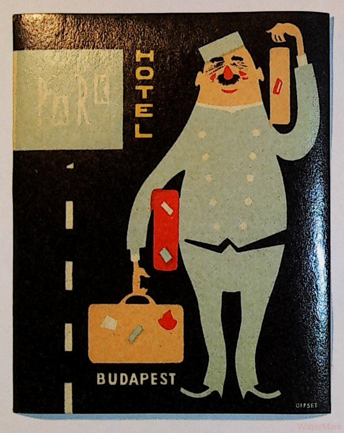 1960s Hotel Park Budapest Hungary luggage label featuring a cartoon porter carrying colourful suitcases