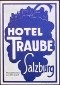 1930s Hotel Traube Salzburg Austria luggage label with blue grape silhouette, fortress and white lettering